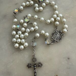 Elegant Faux Pearls and Crystal Rosary Necklace